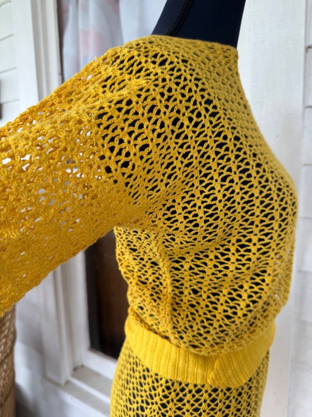 Vintage 1930s Mustard Yellow Cotton Crochet Tea Dress With Belt Size S - Picture 6 of 16